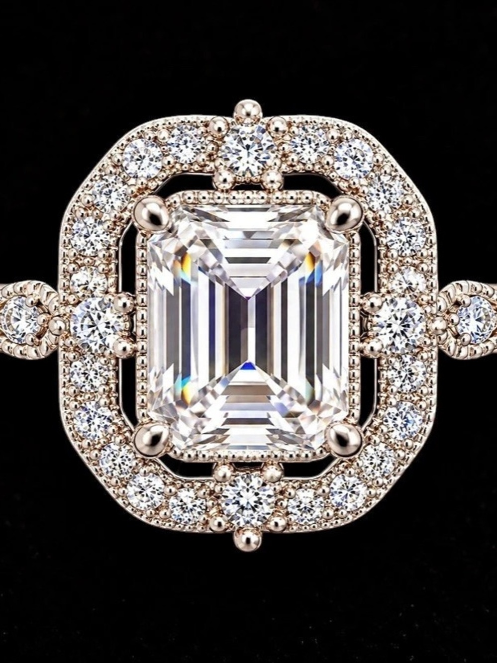 Halo Style Moissanite ring with Emerald cut center stone